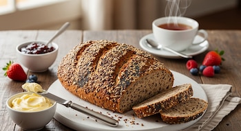 Un pan de semillas rebanado sobre tabla, un bowl con mantequilla, un cuchillo, un bowl con mermelada, fresas, arándanos, frambuesas y una taza de té humeante.