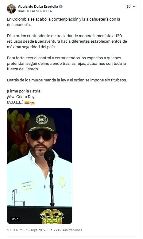 El presidente De la Espriella compartió imágenes del operativo de traslado la mañana del sábado 19 de septiembre vía X - crédito @ABDELAESPRIELLA/X