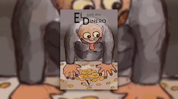 Portada de libro titulada El Dinero de Émile Zola con ilustración de un hombre calvo encorvado sobre una mesa con monedas de oro.