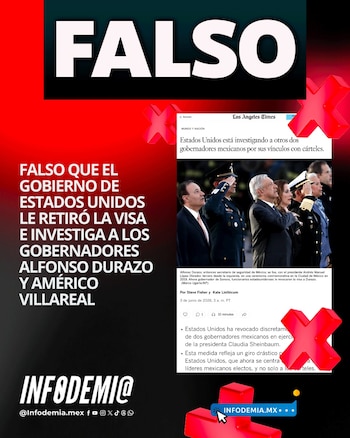 En sus redes sociales, el verificador calificó el contenido como falso y sostuvo su postura al citar declaraciones emitidas por dos portavoces del Estado que ya habían rechazado esos señalamientos. (@infodemiaMex)