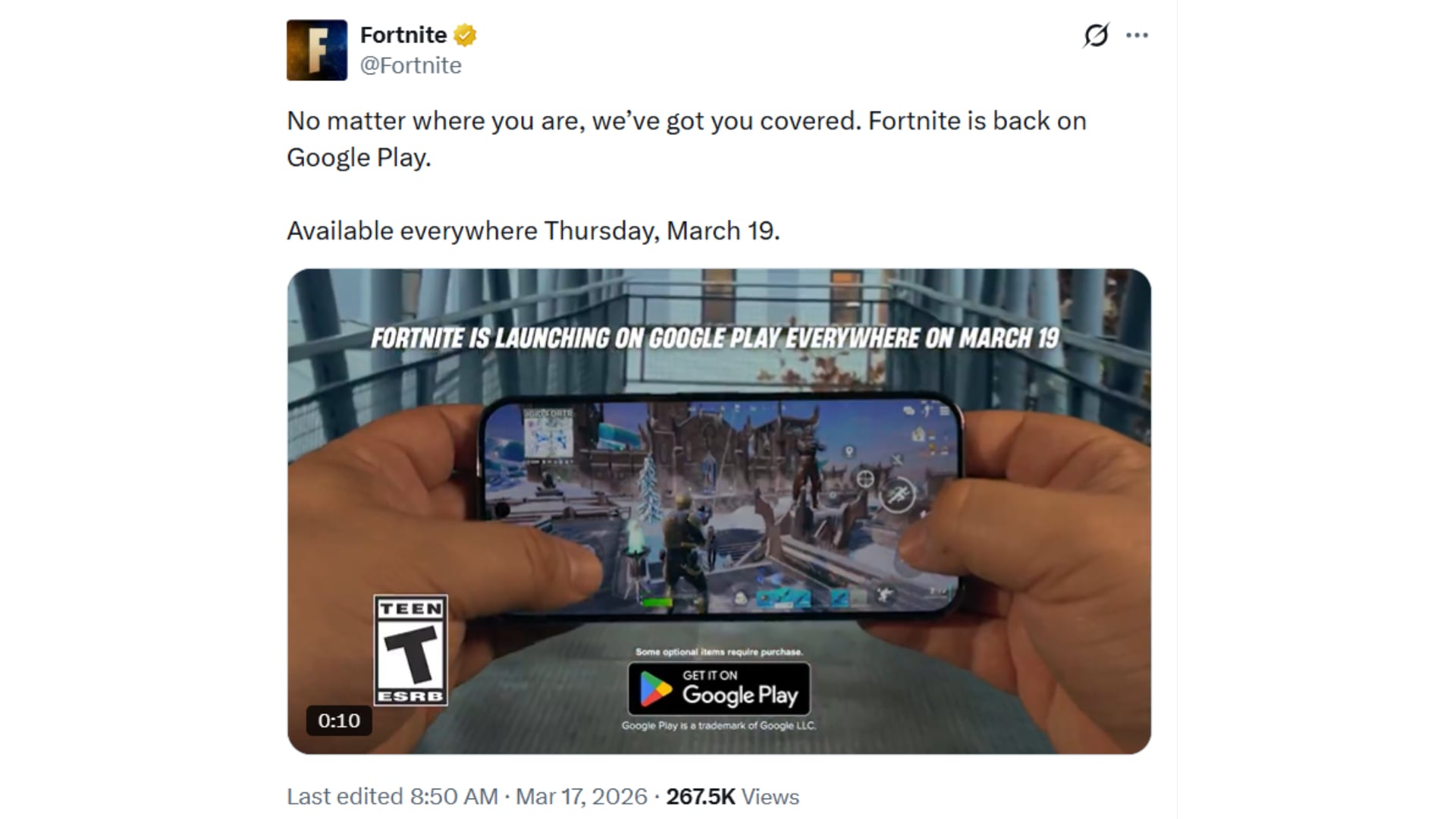 Fortnite había regresado inicialmente a la tienda de aplicaciones de Google en Estados Unidos. (X)