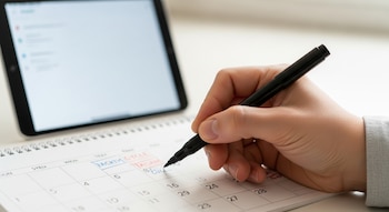 Primer plano de una mano derecha escribiendo con un rotulador negro en un calendario de escritorio, con una tableta digital de pantalla blanca y borrosa al fondo.