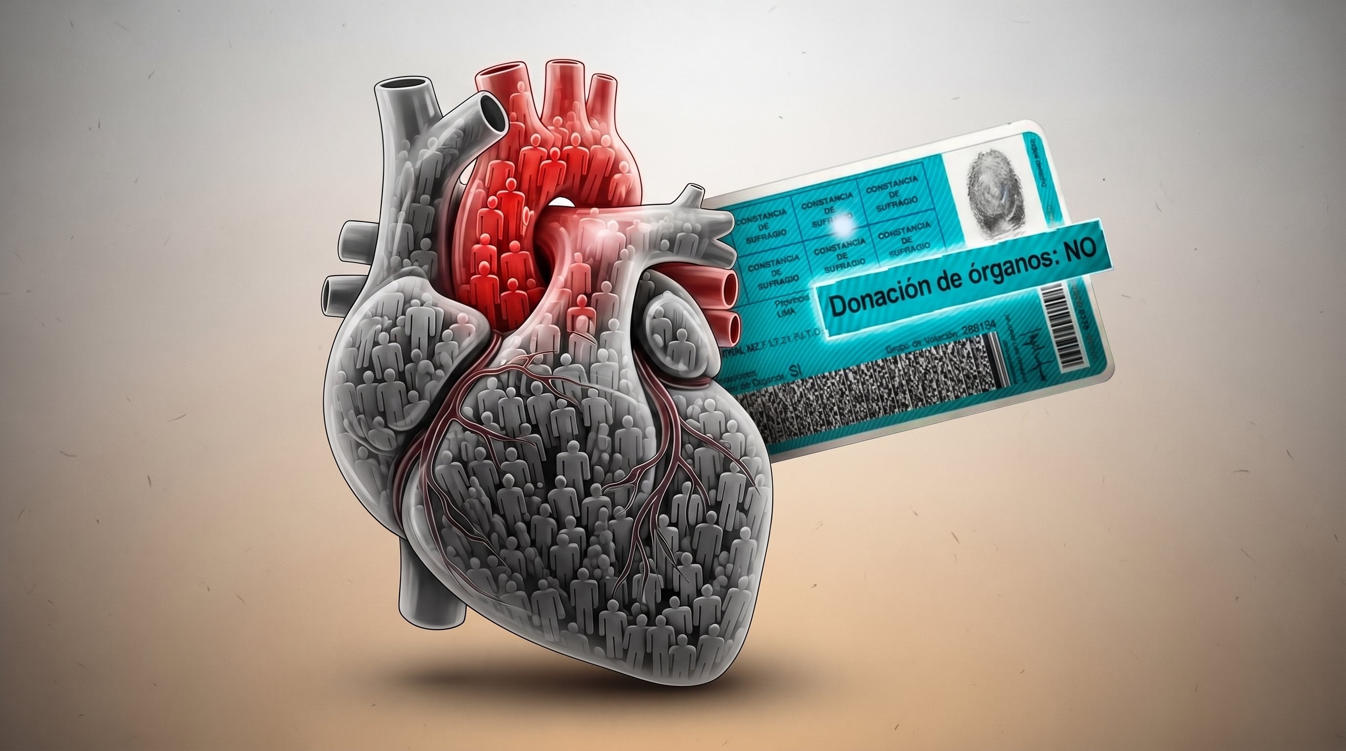 Esta imagen conceptual ilustra un corazón humano transparente lleno de figuras humanas, y una tarjeta oficial que indica