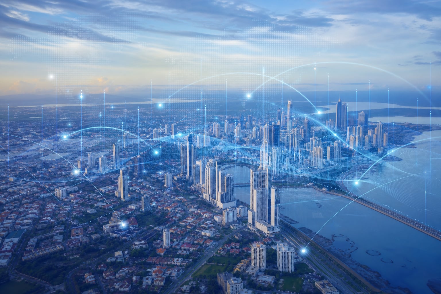 Una red de datos digitales superpuesta conecta conceptualmente la vista aérea y los rascacielos de la Ciudad de Panamá. (Imagen Ilustrativa Infobae)