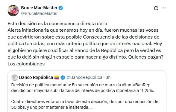 Bruce Mac Master, presidente de la Andi, lamentó que la decisión la terminarán pagando los colombianos - crédito @BruceMacMaster/X