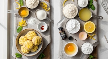 Vista superior de galletitas con glasé de limón en un cuenco junto a ingredientes como huevos, harina, azúcar, limón y menta.