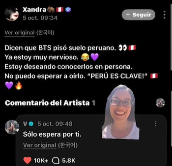 Captura de pantalla de una publicación en una plataforma con texto en español sobre BTS y un comentario firmado por V