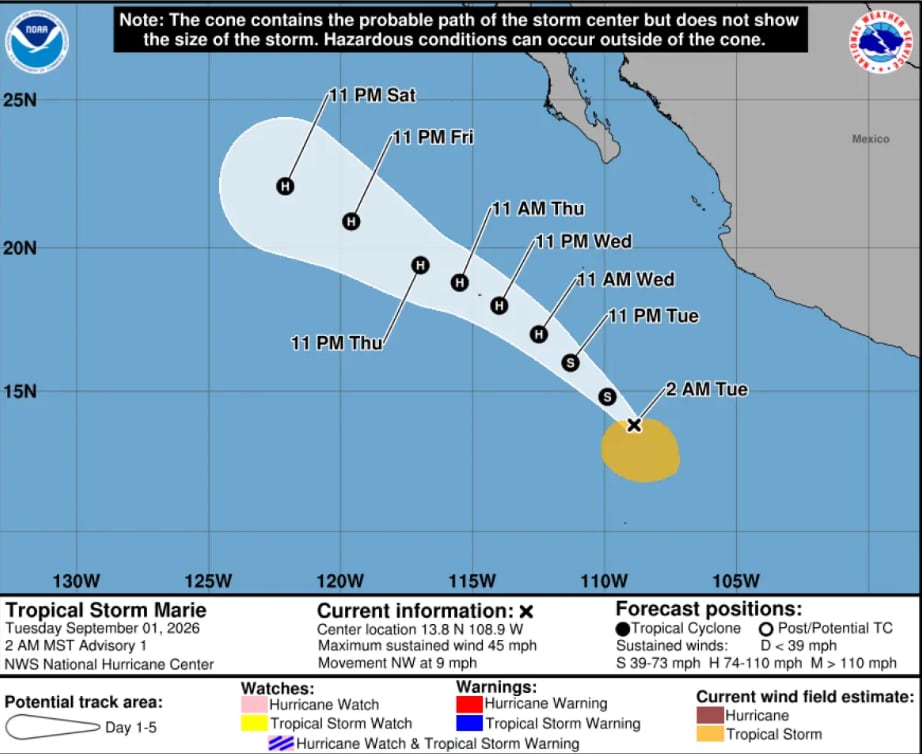 Los meteorólogos alertaron que lluvias fuertes en zonas montañosas del sur de California elevarían el riesgo de inundaciones repentinas, deslizamientos y flujos de escombros (National Hurricane Center)