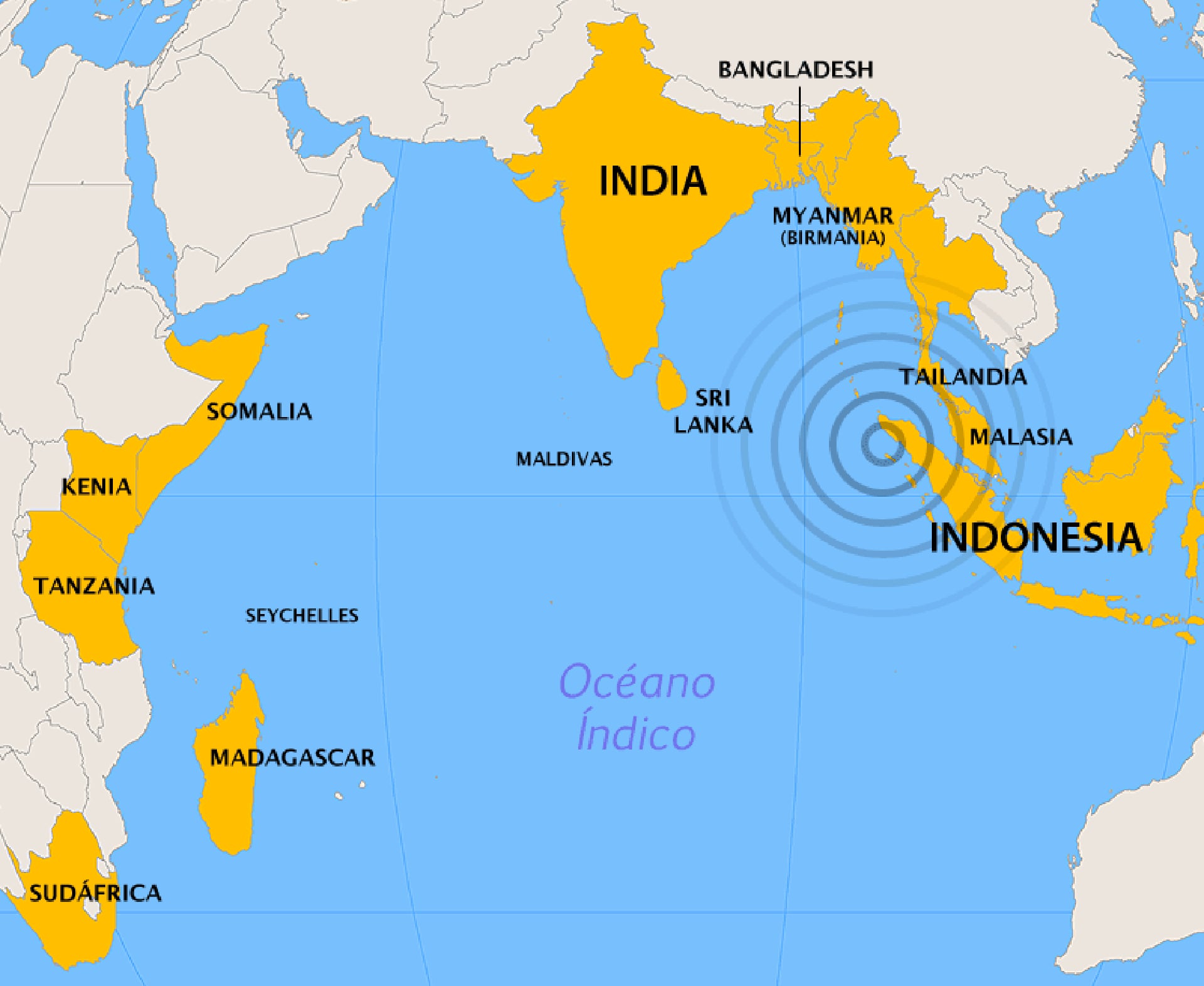 El tsunami de 2004 se originó por un potente terremoto submarino (megaterremoto) de magnitud 9.1 frente a la costa occidental de la isla de Sumatra, en Indonesia, el 26 de diciembre de 2004, cerca de la unión de las placas tectónicas India y Birmana, provocando olas gigantes que devastaron las costas del Océano Índico