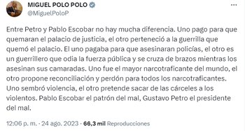 El congresista Miguel Polo Polo realizó a través de sus redes sociales el comparativo entre el narcotraficante, ya muerto, Pablo Escobar y el presidente de Colombia, Gustavo Petro