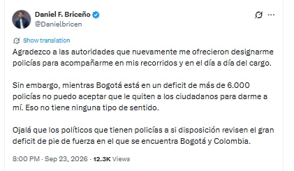 Daniel Briceño no recibirá esquema de seguridad debido al costo de los escoltas - crédito @Danielbricen/X