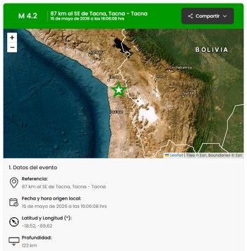 Mapa digital del sur de Perú y el norte de Chile con un epicentro sísmico (estrella verde) cerca de Tacna, junto a datos del sismo de 4.2
