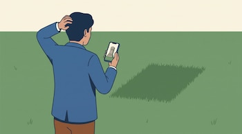 Ilustración de un hombre de espaldas que mira un monumento en su teléfono frente a una silueta rectangular sobre el pasto.