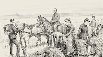 Dibujo en blanco y negro de mujeres que juntan gavillas de trigo, un hombre a caballo y guardias uniformados con fusiles.