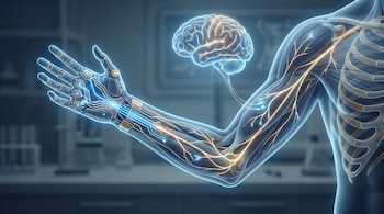 Un brazo humano transparente con músculos y nervios conectados a una mano robótica, un cerebro iluminado con conexión neuronal.