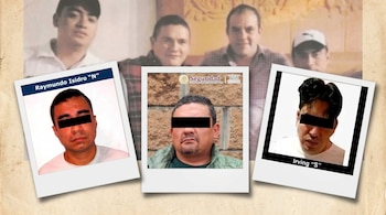 Collage editorial: foto histórica difuminada de cuatro hombres. Tres polaroids de hombres con ojos cubiertos por franjas negras en primer plano, superpuestas.