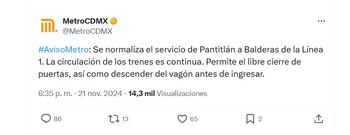 Línea 1 Metro CDMX reanuda