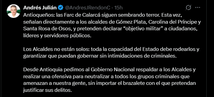 Las disidencias del frente 36, bajo el mando de Calarcá, amenazaron a tres alcaldes del norte de Antioquia y buscaron declararlos