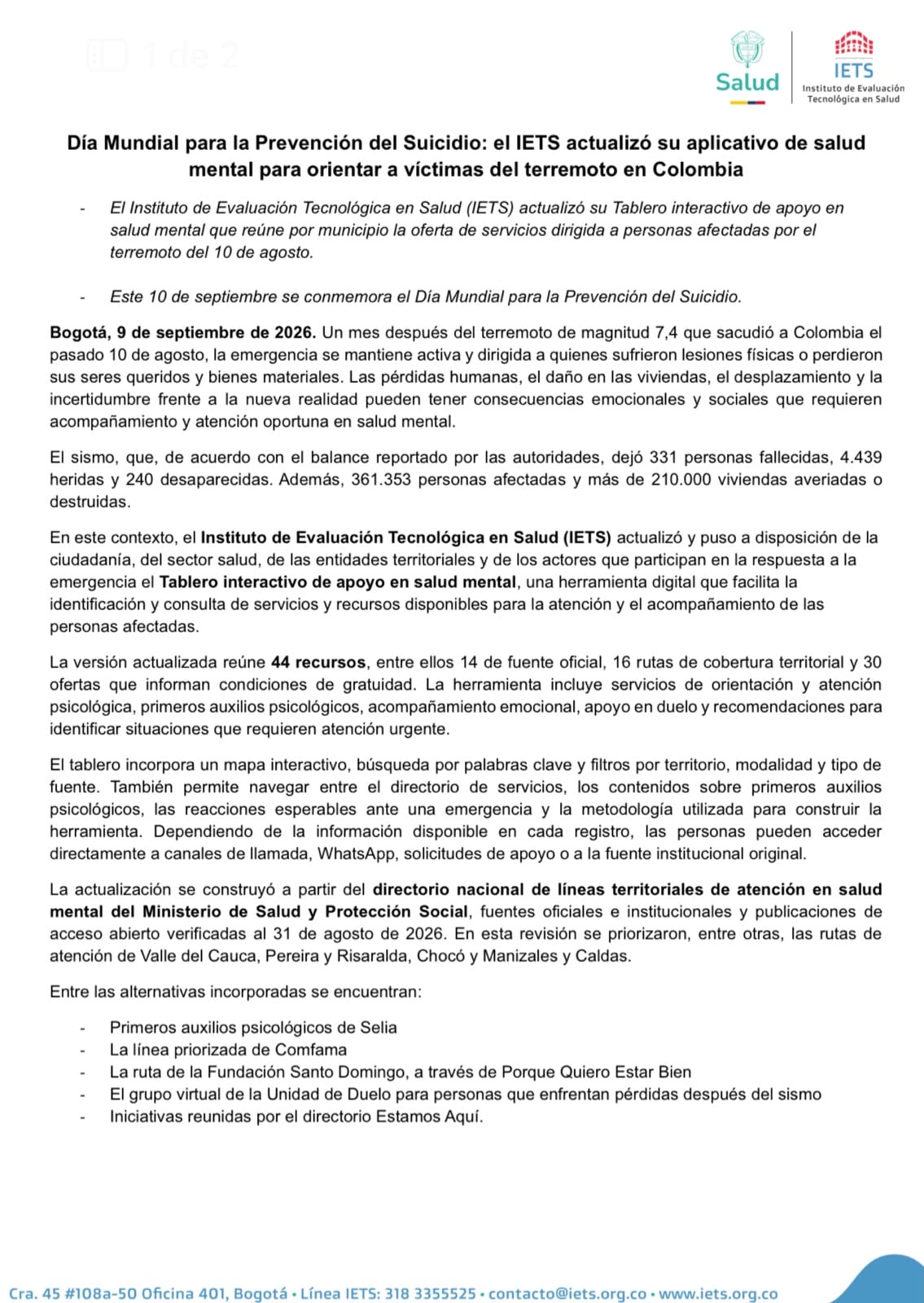 Un mes después del sismo, habilitaron 44 recursos de apoyo psicológico - crédito IETS