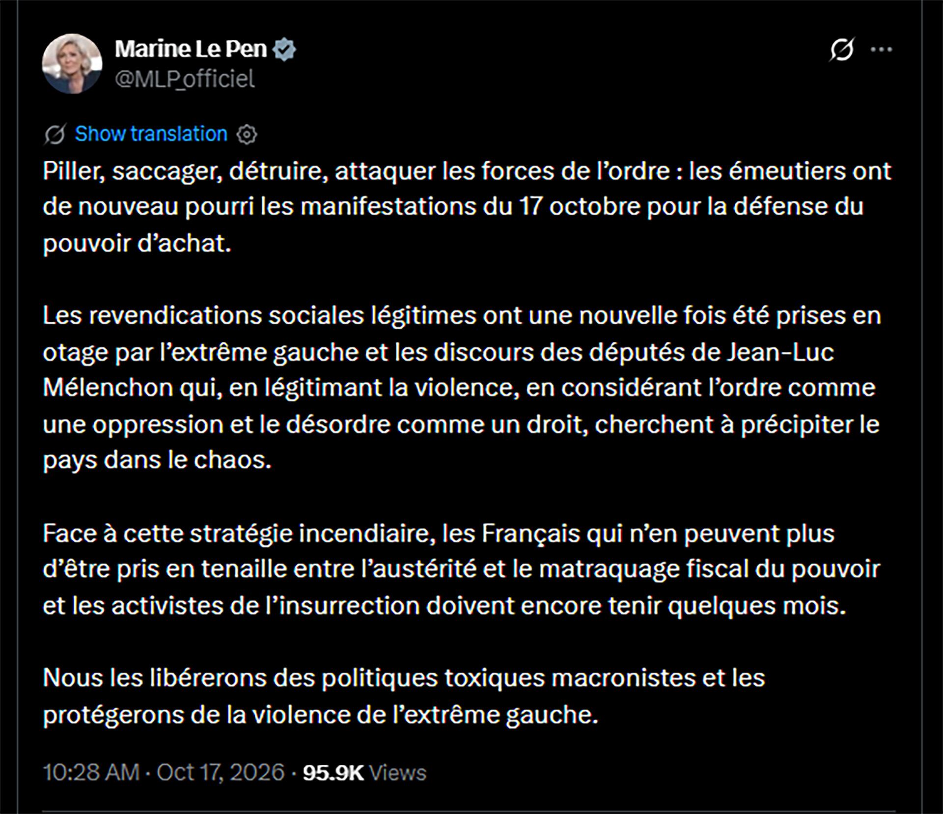 El mensaje de Marine Le Pen en X