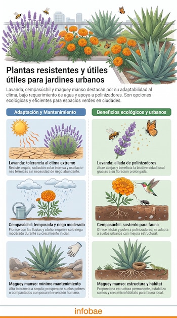 Infografía sobre plantas urbanas: lavanda, cempasúchil, maguey manso con ilustraciones de clima, animales polinizadores y su adaptación. Logo Infobae.