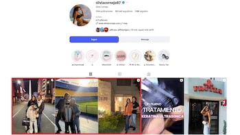 Captura de pantalla de un perfil de Instagram. Muestra una mujer en bikini, el nombre Silvia Cornejo, cifras de seguidores y tres fotos de una mujer, un hombre y un niño