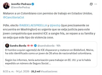 Pedraza le pidió a la Cancillería de Colombia; además del presidente y vicepresidente electo, Abelardo de la Espriella y José Manuel Restrepo - crédito @JenniferPedraz/X