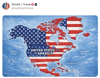 La publicación en Truth Social muestra a Canadá, Groenlandia, Islandia y varias islas del Caribe, incluida Cuba, con franjas rojas y blancas y un campo azul, sin mensaje adicional ni contexto