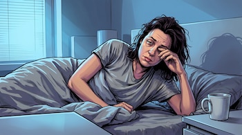 Ilustración de una mujer en la cama tocándose el rostro con una mano junto a una taza blanca sobre la mesa de noche.