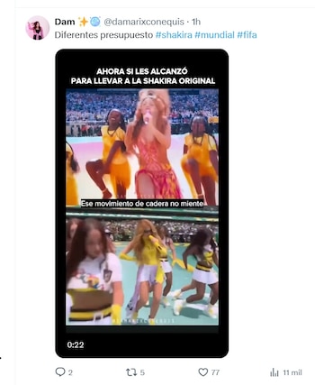 Captura de pantalla de un tuit que muestra dos videos de Shakira en diferentes actuaciones con bailarines, junto a texto comparativo sobre presupuestos