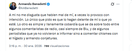 El ministro Armando Benedetti aseguró que no le disgusta que hablen mal de él, pero lanzó crítica a integrantes de medios por hacerlo - crédito @AABenedetti/X