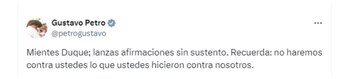 El presidente Gustavo Petro le respondió a Iván Duque a través de su cuenta de X - crédito captura de pantalla.