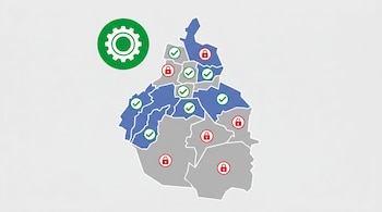 Ilustración plana de un mapa de la Ciudad de México con regiones azules y grises, iconos de candados rojos y checks verdes, y el logo de SEMOVI.