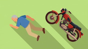 Un hombre mayor con camisa azul y pantalón beige cayendo al suelo junto a una motocicleta roja. El fondo es verde claro.
