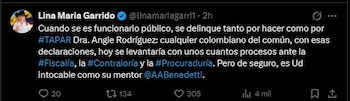 Lina María Garrido cuestiona que no haya acciones judiciales tras las graves denuncias y advierte sobre responsabilidades por omisión en funcionarios públicos - crédito Lina María Garrido/X