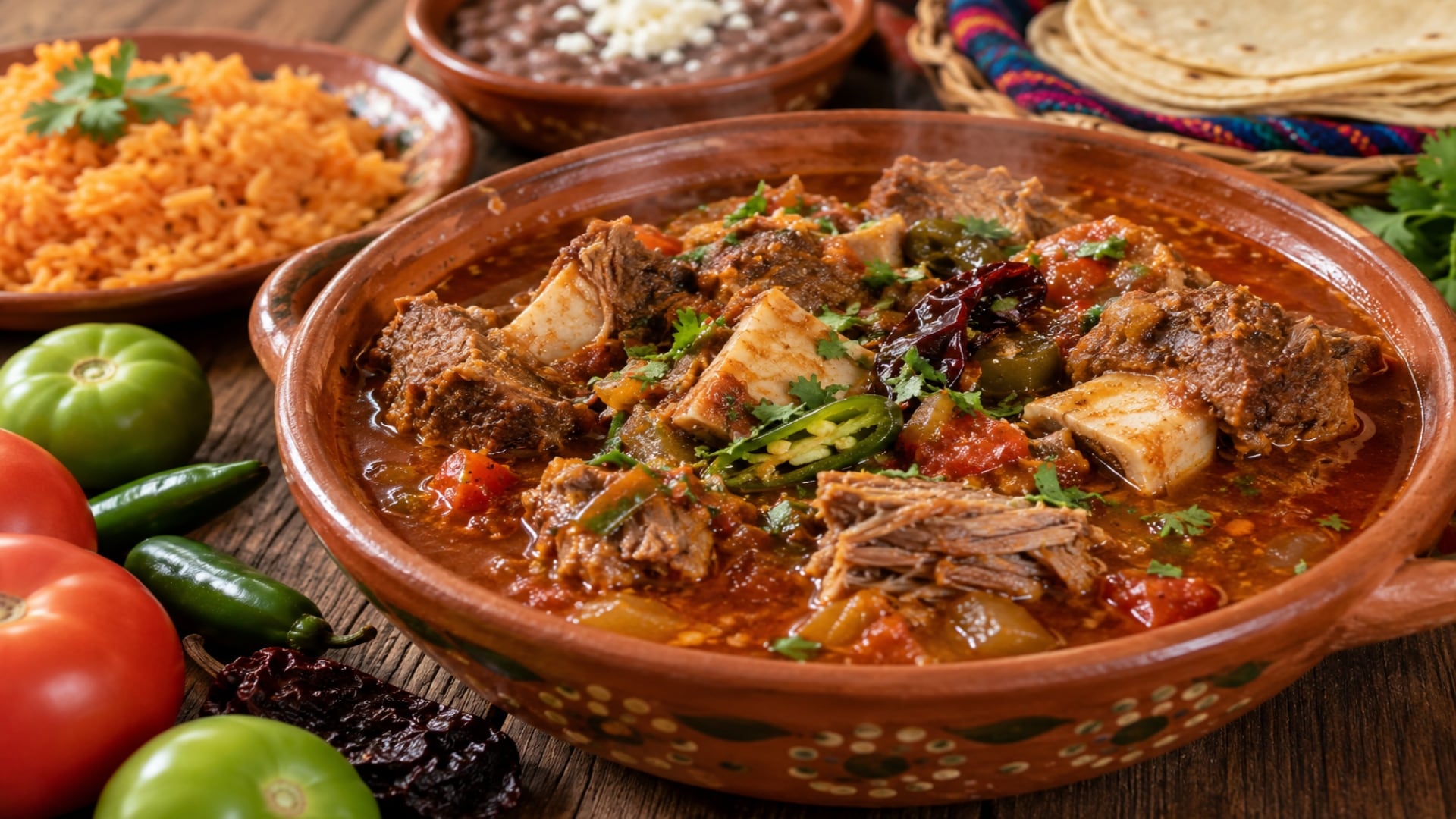 Es un guiso tradicional, jugoso y lleno de sabor que combina distintos cortes de carne con jitomate, tomatillo, chile morita y serrano