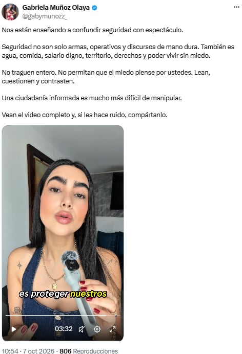 Gabriela Muñoz vinculó la seguridad con el agua, el empleo y la protección ambiental - crédito @gabymunozz_/X