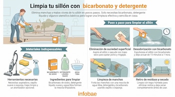 Ilustración de un hombre limpiando un sillón, herramientas de limpieza (aspiradora, cepillo, esponja, trapos) y productos (bicarbonato de sodio, detergente, agua).