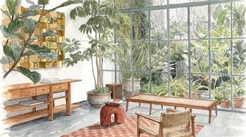 Dibujo estilo acuarela de una sala de estar con ventanal, jardín, consola, estanterías, sillón, banco, taburete, altavoz, plantas en maceta y cuadro en pared.