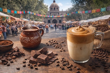 Taza de barro con vapor, vaso con café dalgona, trozos de chocolate, granos de café, polvo de cacao. Feria con puestos, personas, papel picado y edificio con cúpula.