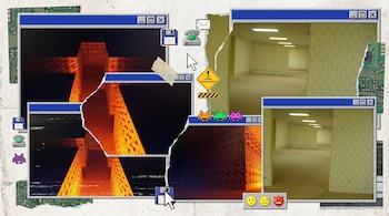 Imagen estilo collage con ventanas de navegador y2k, íconos pixelados, una estructura abstracta brillante y una habitación vacía con paredes amarillas.