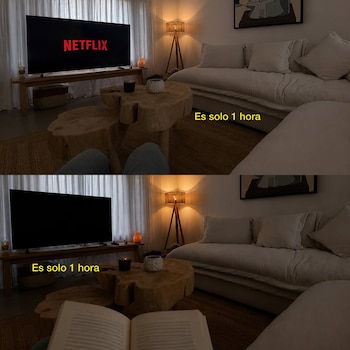 Imagen dividida de un salón: arriba, TV con Netflix encendido; abajo, TV apagada con una persona leyendo un libro abierto en primer plano