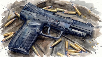 Pintura en acuarela de una pistola negra de marca FN y varias balas de color dorado con punta azul sobre fondo oscuro.