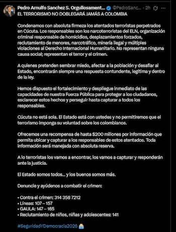 El ministro de Defensa, Pedro Arnulfo Sánchez, atribuyó al ELN los atentados en Cúcuta, anunció el fortalecimiento de la Fuerza Pública y reiteró una recompensa de hasta $200 millones por información sobre los responsables - crédito Pedro Sánchez/X
