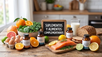 Frascos de suplementos, frutas cítricas, espinacas, salmón, huevos, pan, leche y una pizarra sobre una mesa de cocina.