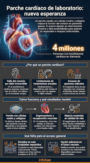 Infografía que ilustra un corazón humano con un parche cardíaco brillante y texto explicativo sobre el avance médico, sus beneficios y desafíos futuros.