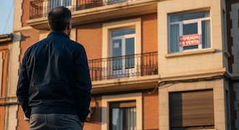 Hombre de espaldas con chaqueta oscura y pantalón gris mira un edificio de ladrillo con un cartel de 'Vivienda en venta' en una ventana.