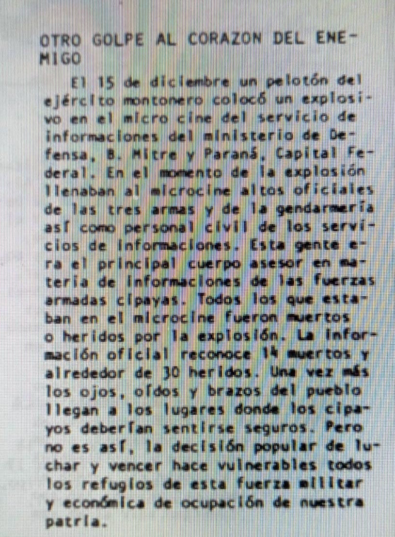 El comunicado sobre el atentado, publicado en la revista Evita Montonera, en el número 17 de 1977