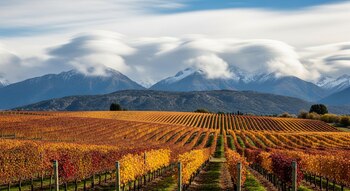 Largas hileras de viñedos con hojas rojas y naranjas en otoño. Al fondo, montañas nevadas con nubes alargadas y un cielo azul claro.