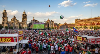 Vista de una multitud en el Zócalo de la Ciudad de México viendo fútbol en una pantalla gigante, con edificios históricos, puestos de comida y globos flotantes.